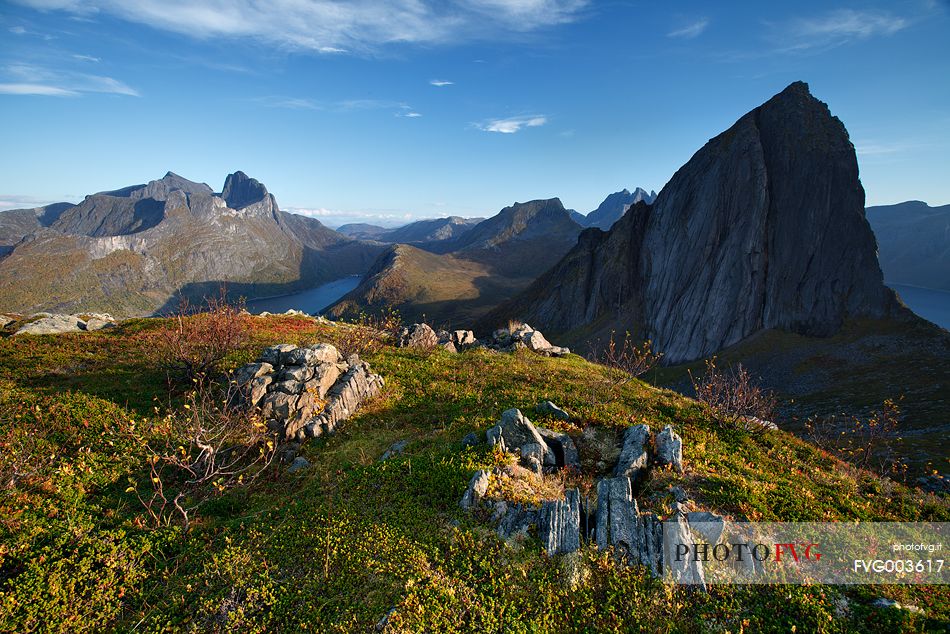 View of Segla mountain and Senja island's landscapes at sunset.