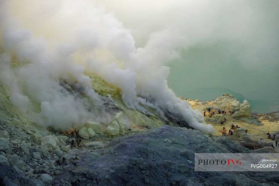 Sunrise at Ijen Crater, one of the most impressive place on Java Island, Indonesia.