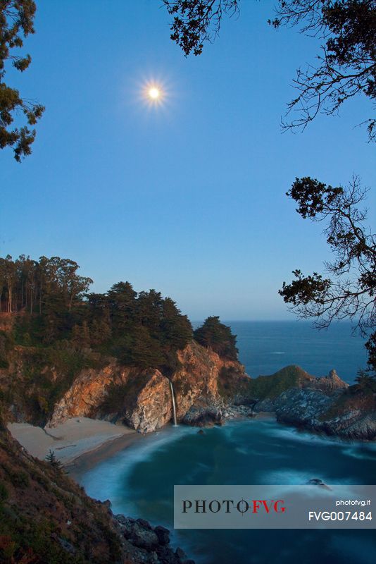 Amazing McWay Falls and Pfeiffer Beach at moonlight, California.