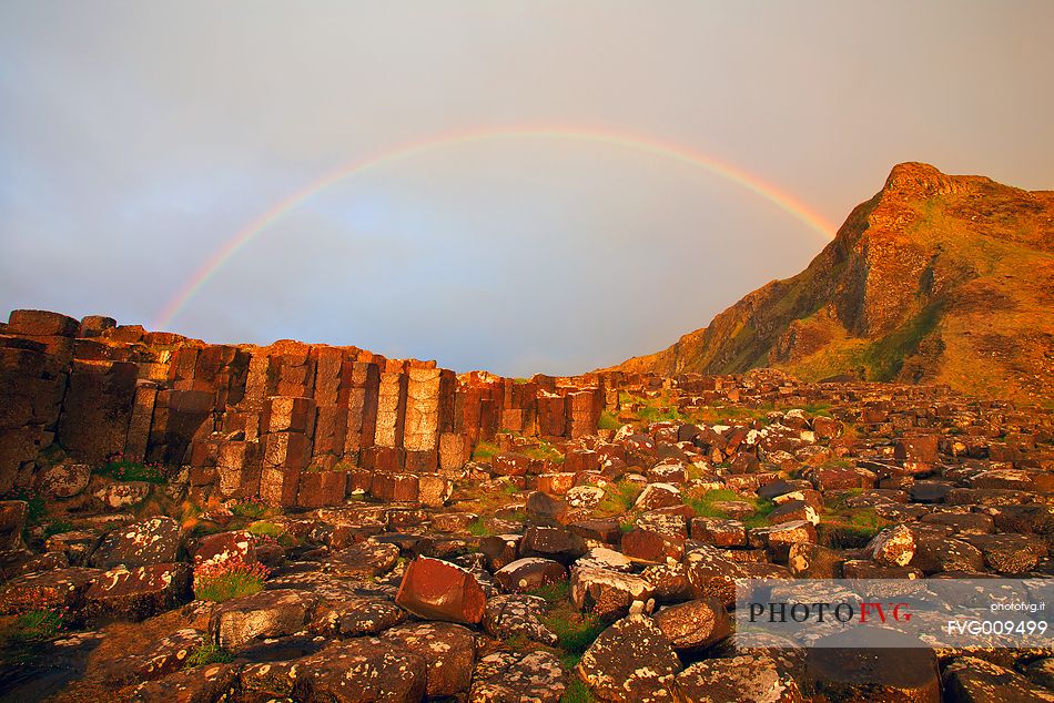 Amazing rainbow at sunset over the Giant's Causeway, Northern Ireland