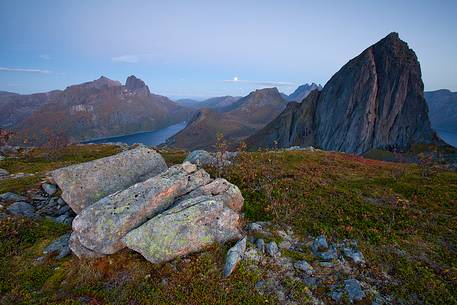 View of Segla mountain and Senja island's landscapes at moonrise.