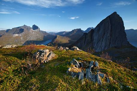 View of Segla mountain and Senja island's landscapes at sunset.