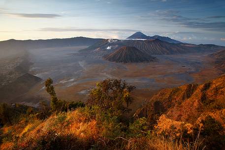 Th smoking volcanoes of Bromo Tengger Semeru National Park after sunrise, Isle of Java.