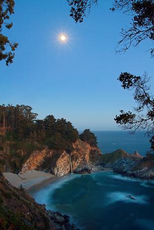 Amazing McWay Falls and Pfeiffer Beach at moonlight, California.