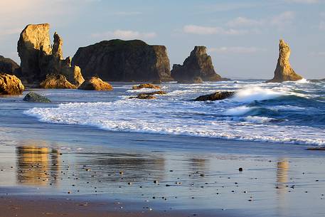 Sunset and sea stacks at Bandon Beach, Oregon.