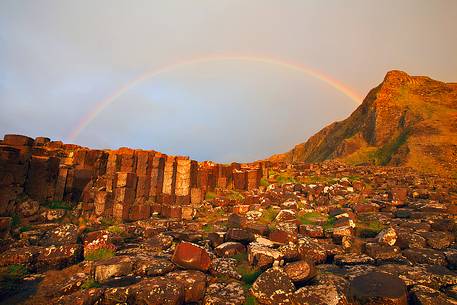 Amazing rainbow at sunset over the Giant's Causeway, Northern Ireland