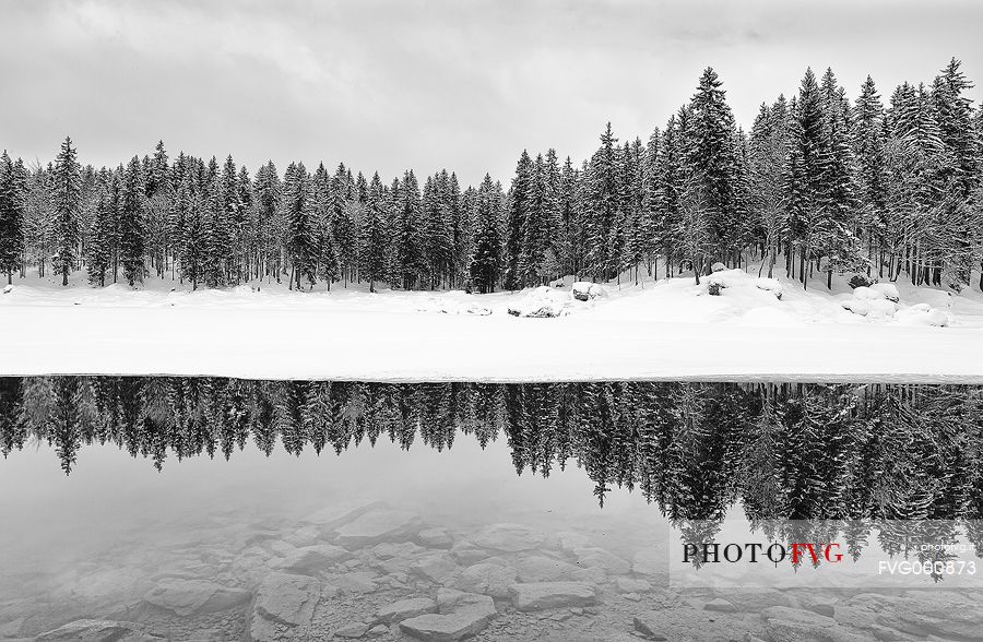 Lake Fusine winter time, black and white