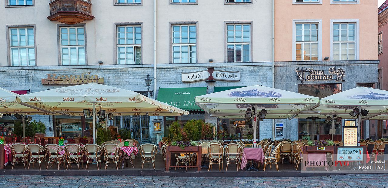 sunrise on Tallinn old town, summer restaurants 