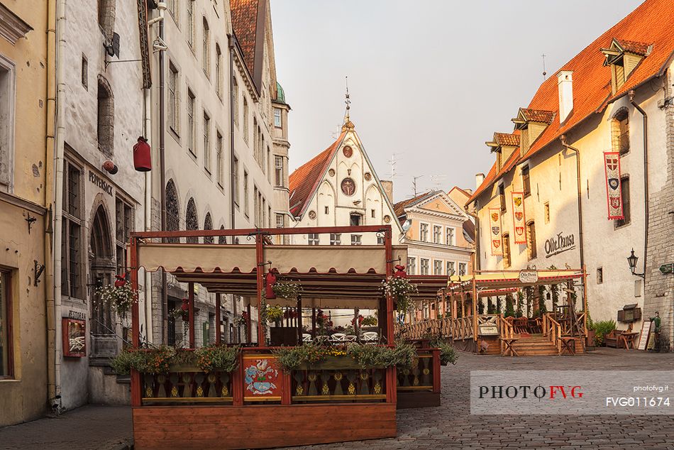 sunrise on Tallinn old town, summer restaurants 