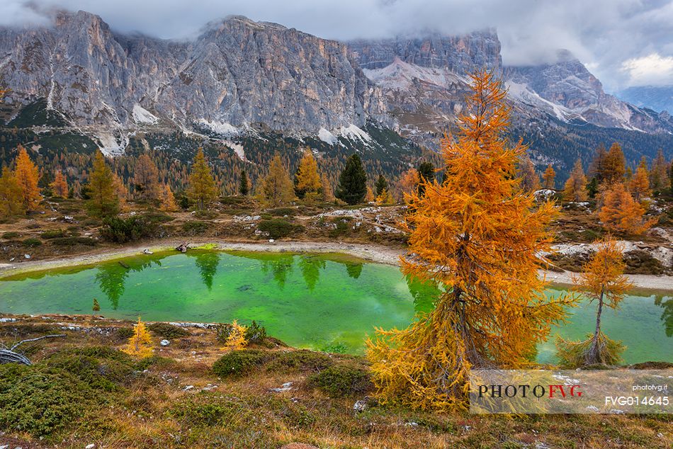 Autumn in lake Limides (or Limedes), and in the background Tofana mountains