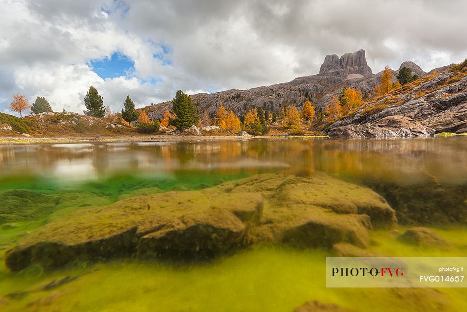 Autumn in lake Limides (or Limedes), and in the background Averau mountains