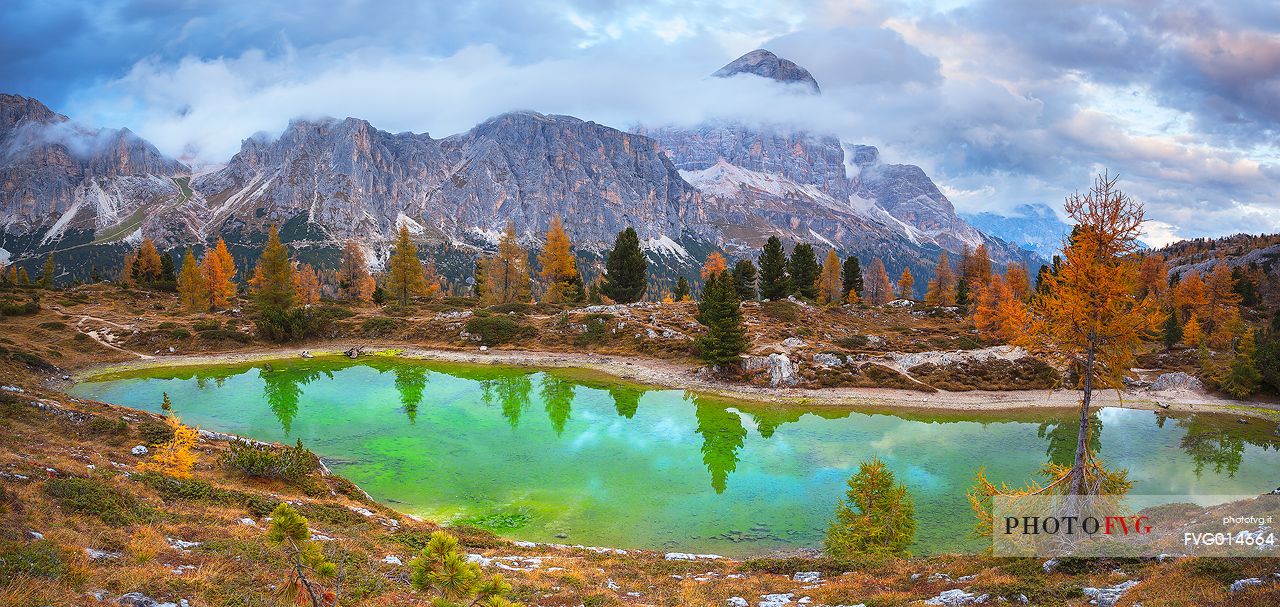 Autumn in lake Limides (or Limedes), and in the background Tofana mountains