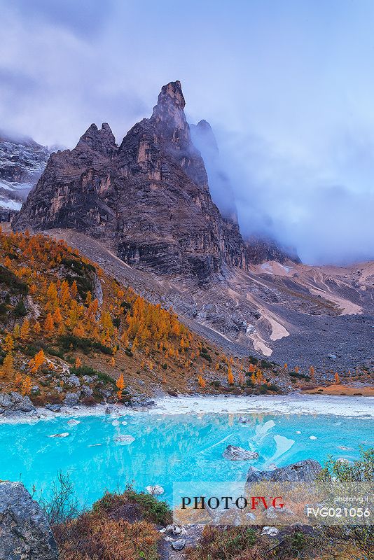 The magic light blue of Sorapis glacial Lake in autumn sorrounded by pine and yellow larches, Cortina d'Ampezzo, dolomites, Italy