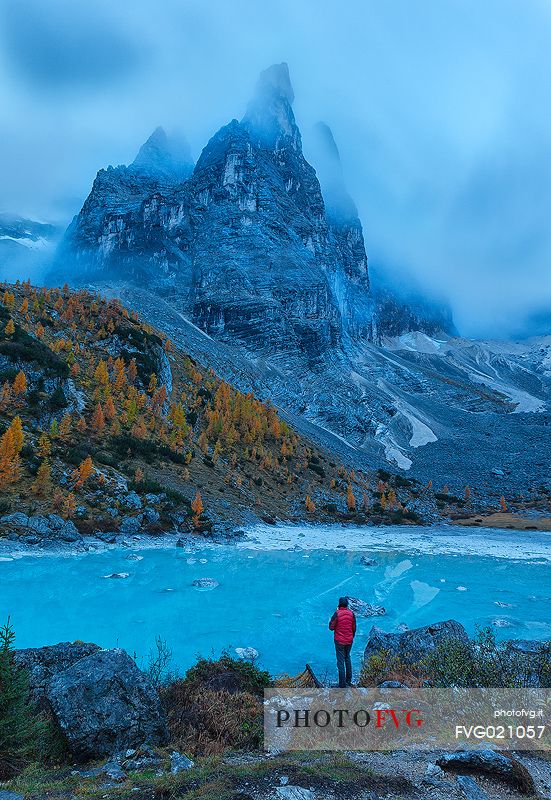 Hiker admires the magic light blue of Sorapis glacial Lake in autumn sorrounded by pine and yellow larches, Cortina d'Ampezzo, dolomites, Italy