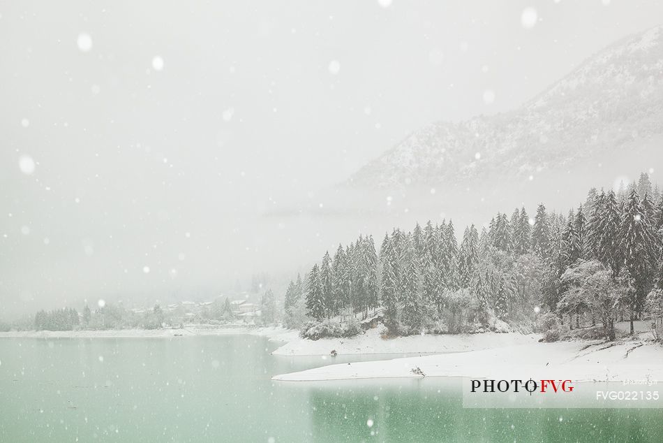 Winter landscape of Barcis and the lake, Dolomiti Friulane Natural Park, Unesco World Heritage, Italy