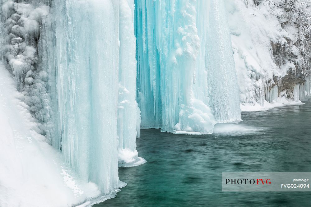 Frozen lakes and waterfalls in Plitvice Lakes National Park, Croatia