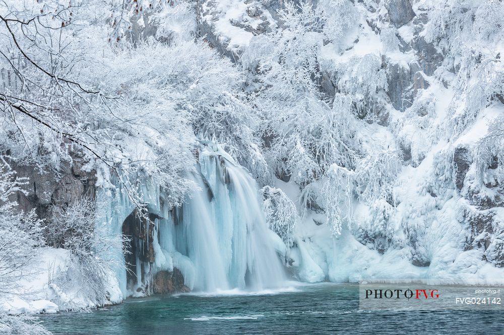 Frozen lakes and waterfalls in Plitvice Lakes National Park, Croatia