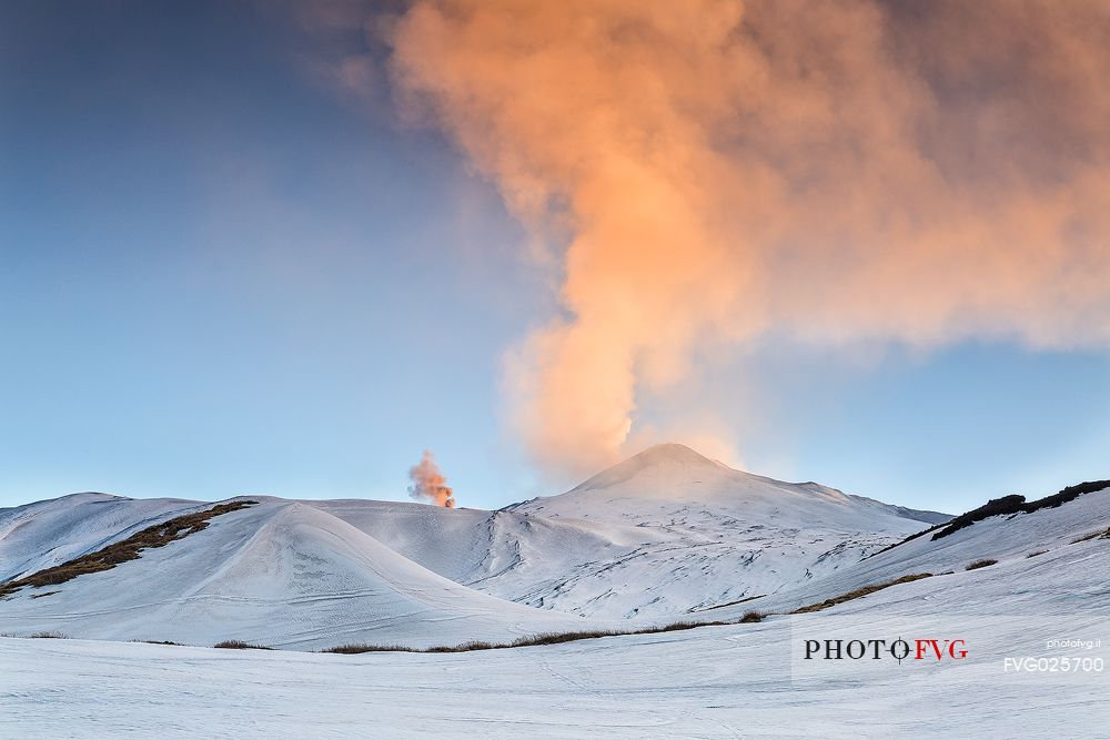 Sunset on Northern Etna National Park,
ash eruption, Sicily, Italy