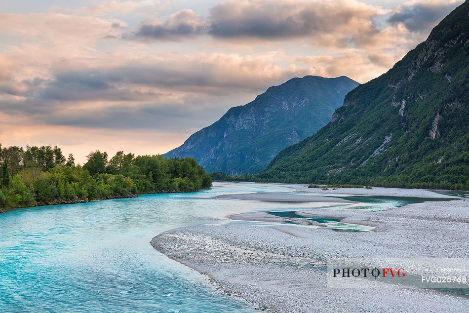 Tagliamento river at sunset, Venzone, Friuli Venezia Giulia, Italy