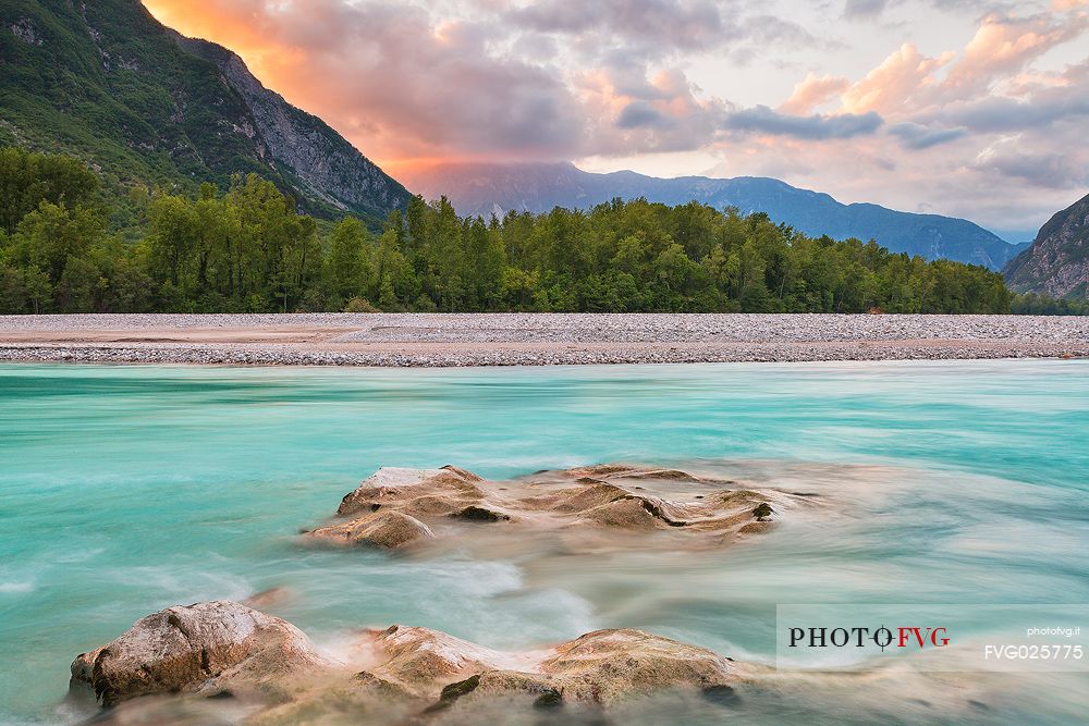 Tagliamento river at sunset, Venzone,Friuli Venezia Giulia, Italy