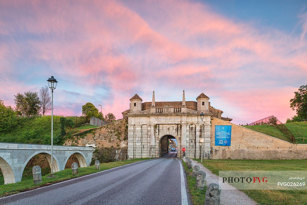 Porta Udine (gate) to the fortress town of Palmanova at sunset, Friuli Venezia Giulia, Italy