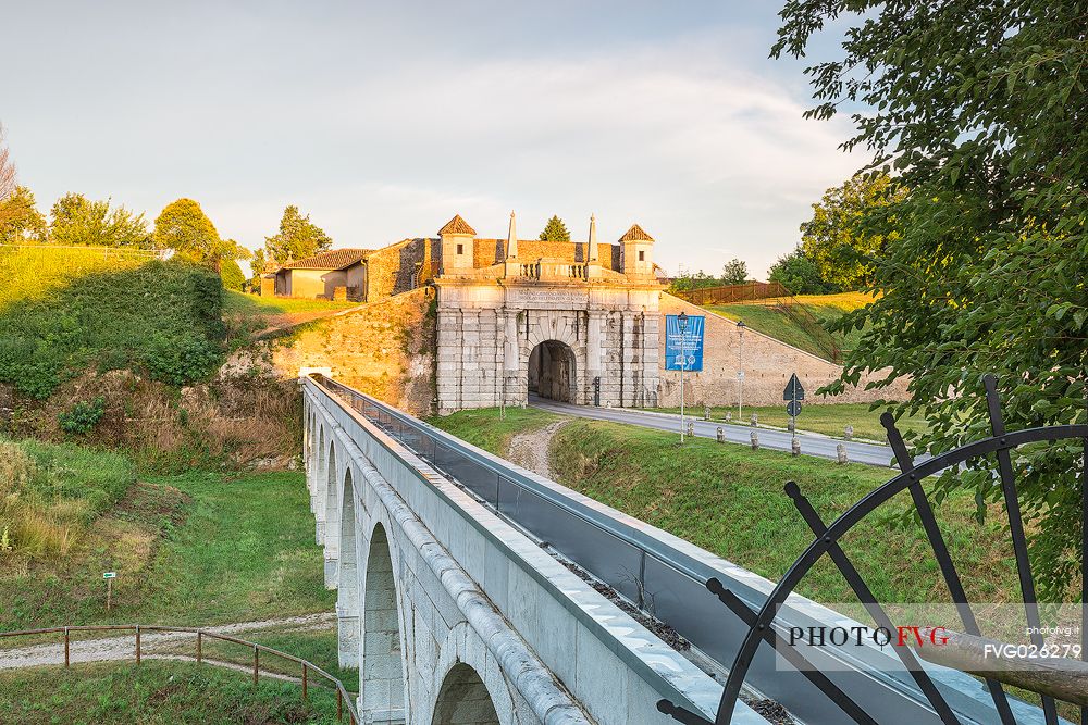 Porta Udine (gate) to the fortress town of Palmanova at sunset, Friuli Venezia Giulia, Italy