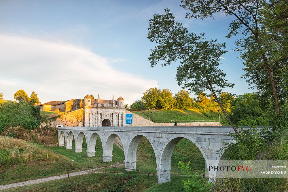 Porta Udine (gate) to the fortress town of Palmanova at sunset, Friuli Venezia Giulia, Italy