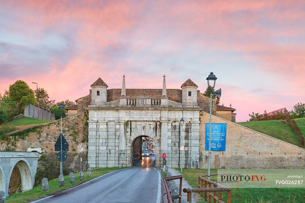 Porta Udine (gate) to the fortress town of Palmanova at sunset, Italy