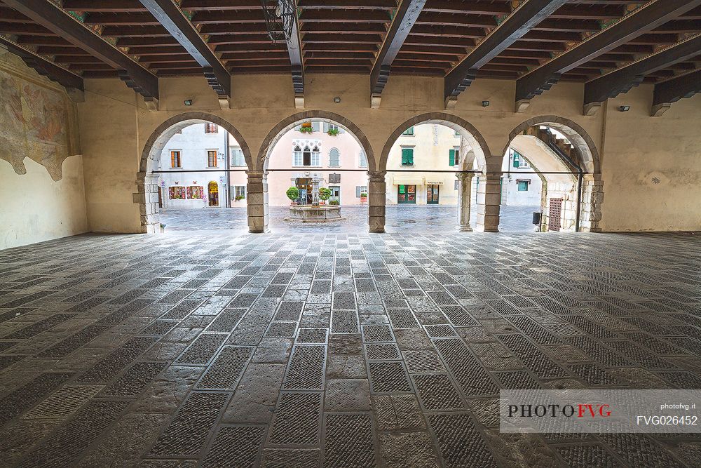 Loggia of Venzone village. It was declared National Monument in 1965 as unique fortified village of the XIV century in the region, Friuli Venezia Giulia, Italy