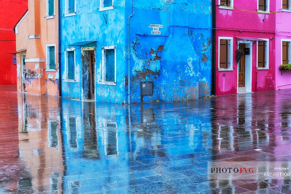 Raining in the Burano island, a typical village in the Venetian islands, Venice, Italy