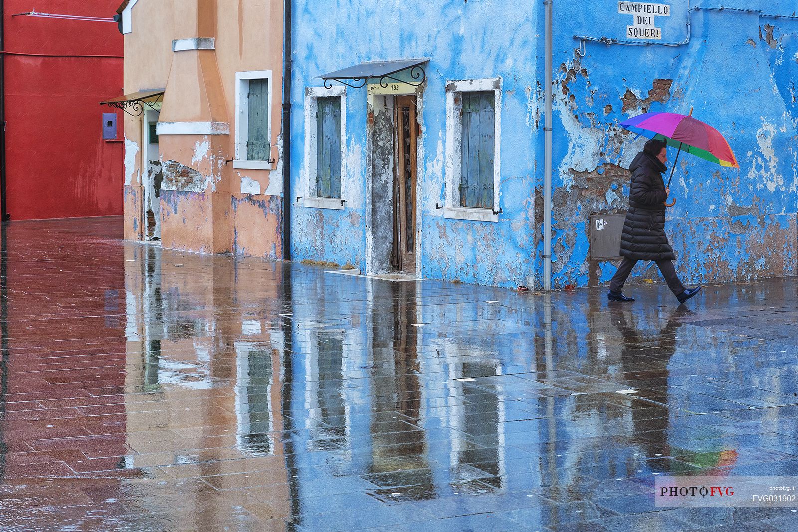 Raining in the Burano island, a typical village in the Venetian islands, Venice, Italy