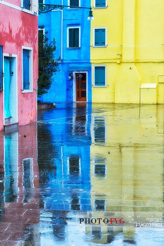 Raining in the Burano island, a typical village in the Venetian islands, Venice, Italy