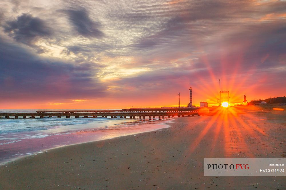 Lido di Jesolo at sunset, a popular seaside resort near Venice, Veneto, Italy