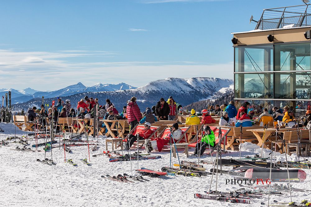 Nock restaurant terrace on the top of Biosphrenpakbahn Brunnach alpine station cableway, Nockberge mountains range, Bad Kleinkirchheim, Carinthia, Austria, Europe