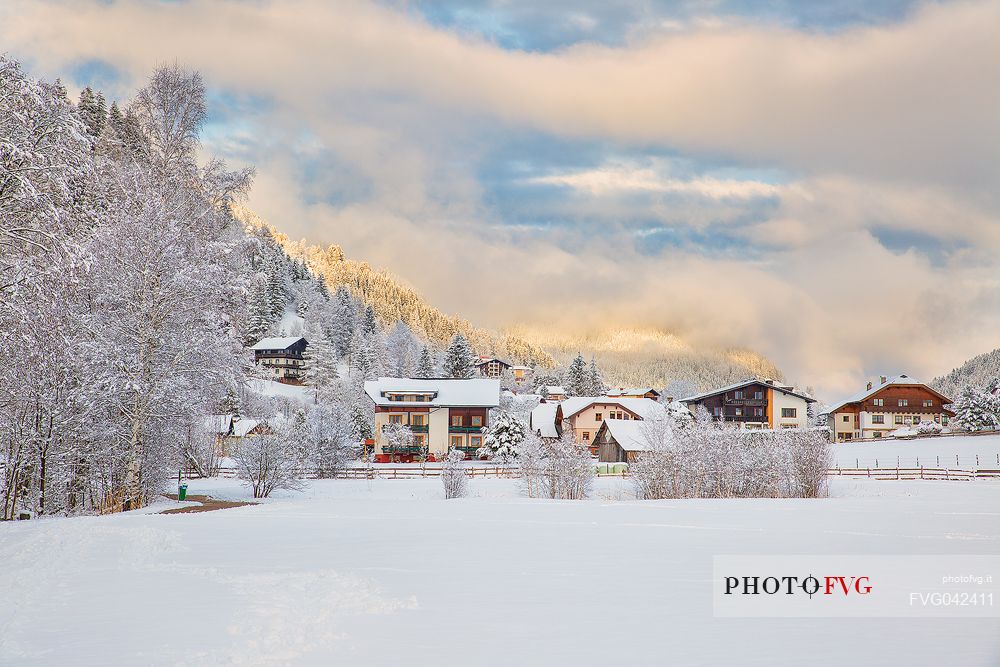 Snowy Bad Kleinkirchheim village at sunset, Carinthia, Austria, Europe