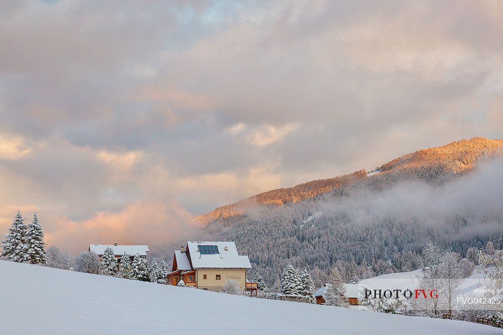 The snowy village of Bad Kleinkirchheim at sunset, Carinthia, Austria, Europe