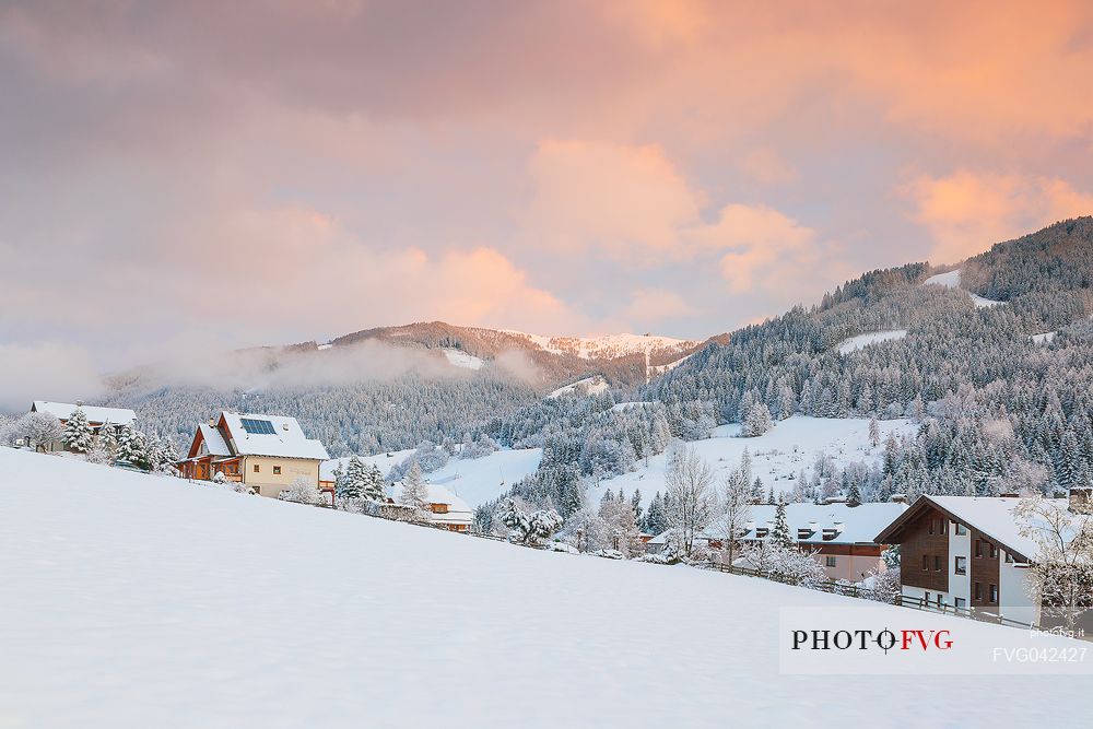 The snowy village of Bad Kleinkirchheim at sunset, Carinthia, Austria, Europe