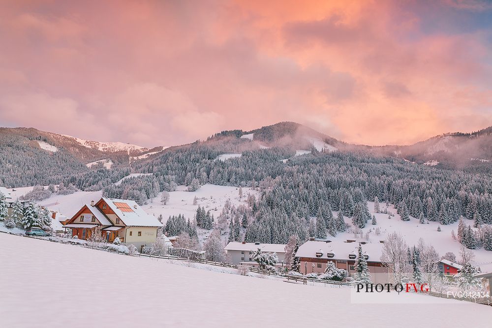 The snowy village of Bad Kleinkirchheim at sunset, Carinthia, Austria, Europe