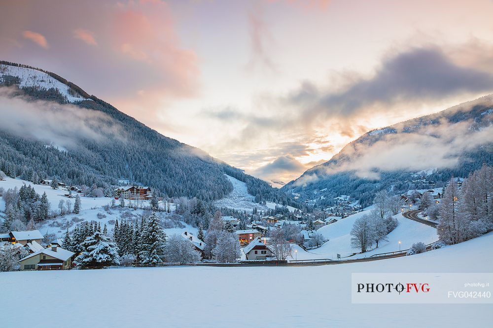 Winter view of the alpine village of Bad Kleinkirchheim at twilight, Carinthia, Austria, Europe