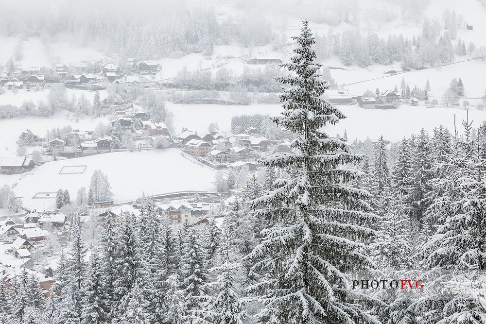 View form above of Bad Kleinkirchheim village in the snow, Carinthia, Austria, Europe