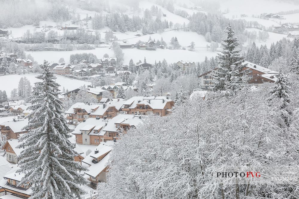 View form above of Bad Kleinkirchheim village in the snow, Carinthia, Austria, Europe