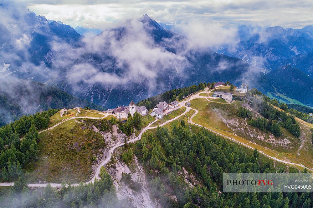 Panoramic view of the Sanctuary of the Madonna of Lussari mount, Tarvisio, Julian Alps, Friuli Venezia Giulia, Italy, Europe