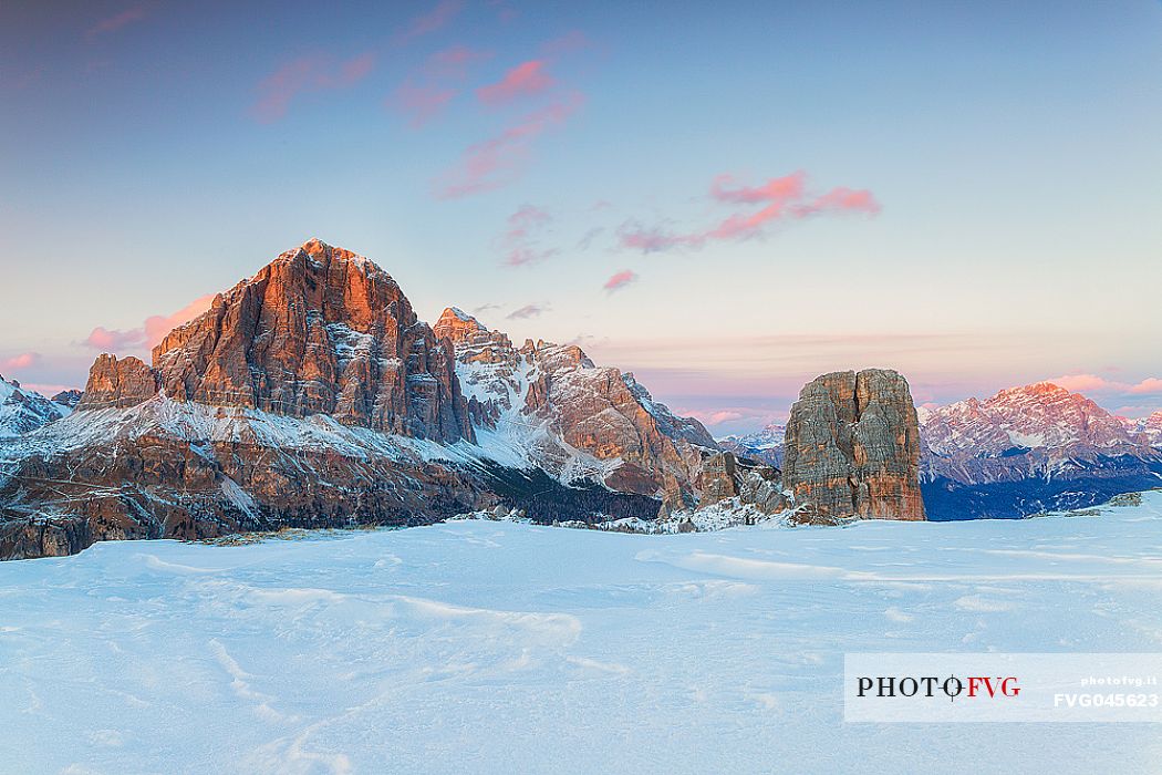 Tofane and Cinque Torri mountains at sunset, Cortina d'Ampezzo, dolomites, Veneto, Italy, Europe