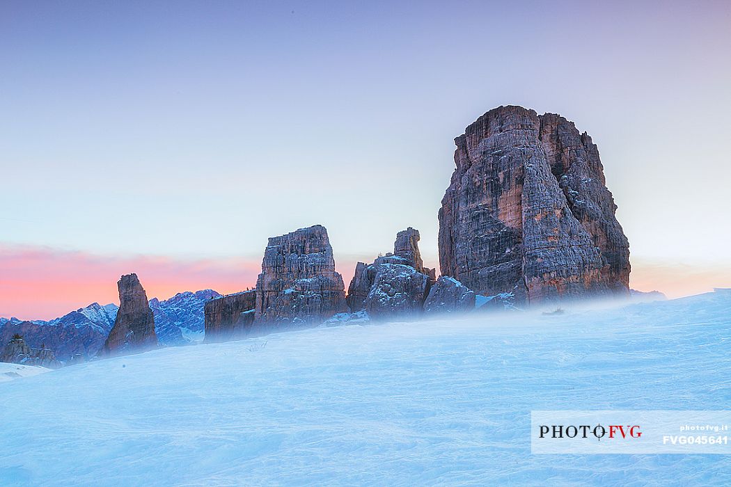 Cinque Torri in a wintry sunset, Cortina d'Ampezzo, dolomites, Veneto, Italy, Europe