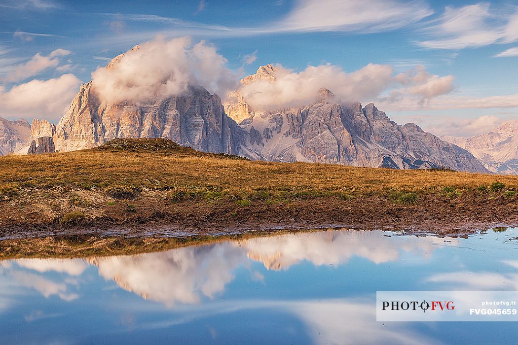 Passo Giau, Tofane mountains reflection at sunset, Cortina d'Ampezzo, dolomites, Veneto, Italy, Europe