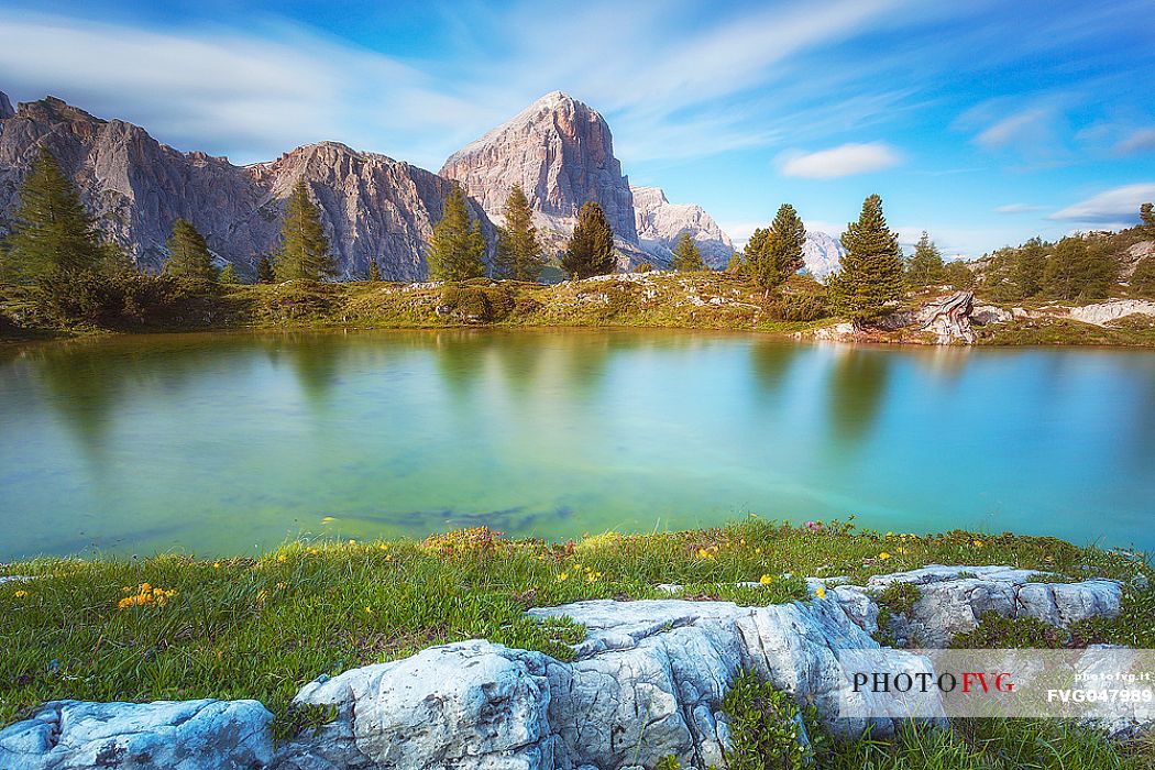 Lago di Limides lake towards Tofana di Rozes, Falzarego pass, Cortina d'Ampezzo, dolomites, Veneto, Italy, Europe

