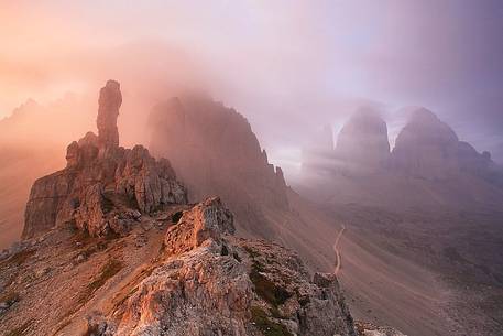 Paterno mountain and Tre Cime di Lavaredo peak at sunset, dolomites, Italy