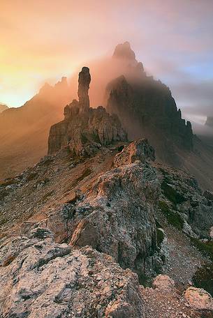 Tre Cime di Lavaredo and mount Paterno at sunrise