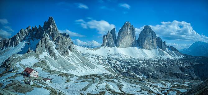 panoramic view to the Tre Cime , mount Patterno and refuge Lavaredo