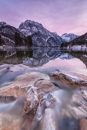 colourful sunset on lake Predil